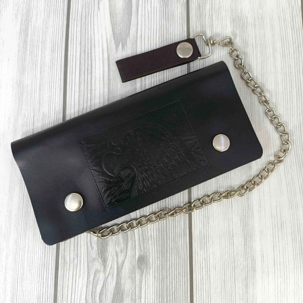 Black Leather Trifold Wallet with Chain
